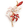 Pink/ Coral Enamel, Crystal Double Flower Brooch In Gold Plating - 62mm L