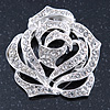 Diamante Rose Scarf Pin/ Brooch In Silver Tone - 38mm Across