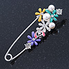 Multicoloured Enamel Flowers, Bee, Simulated Pearls Safety Pin Brooch In Silver Tone - 80mm L