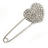 Clear Austrian Crystal Heart Safety Pin Brooch In Rhodium Plating - 55mm L