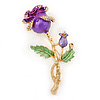 Romantic Purple/ Green Enamel, Crystal Rose Brooch In Gold Plating - 65mm L
