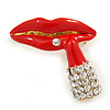 Red Enamel, Clear Crystal Lips and Lipstick Brooch In Gold Plating - 33mm L