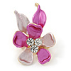 Small Pink/ Fuchsia Enamel, Crystal Flower Brooch In Gold Tone - 30mm