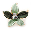 Small Mint/ Dark Green Enamel, Clear Crystal Flower Brooch In Gold Tone - 27mm
