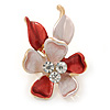 Small Pink/ Coral Enamel, Crystal Flower Brooch In Gold Tone - 30mm