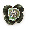 Dark Green/ Mint Green Enamel, Crystal Rose Pin Brooch In Gold Tone - 25mm