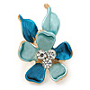 Small Light Blue/ Teal Enamel, Crystal Flower Brooch In Gold Tone - 30mm