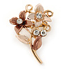 Small Bronze/ Magnolia Double Flower Enamel, Crystal Pin Brooch In Gold Tone - 30mm L