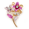 Small Fuchsia/ Pink Double Flower Enamel, Crystal Pin Brooch In Gold Tone - 30mm L