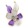Small Purple/ Pale Lilac Enamel, Crystal Flower Brooch In Gold Tone - 30mm