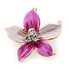 Small Fuchsia/ Pink Green Enamel, Clear Crystal Flower Brooch In Gold Tone - 27mm