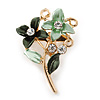 Small Mint/ Dark Green Double Flower Enamel, Crystal Pin Brooch In Gold Tone - 30mm L