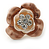 Magnolia/ Bronze Enamel, Crystal Rose Pin Brooch In Gold Tone - 25mm