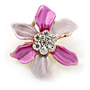 Small Fuchsia/ Pink Enamel, Clear Crystal Flower Brooch In Gold Tone - 27mm