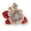 Small Coral/ Pink Crystal Flower Brooch In Gold Tone - 25mm