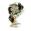 Mint/ Dark Green Enamel, Crystal Flower Brooch In Gold Tone - 30mm