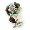 Mint/ Dark Green Enamel, Crystal Flower Brooch In Gold Tone - 30mm