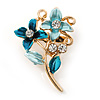 Blue Double Flower Enamel, Crystal Pin Brooch In Gold Tone - 30mm L