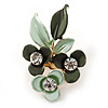 Dark Green/ Mint Triple Flower Crystal Floral Brooch In Gold Tone Metal - 30mm L