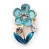 Blue/ Teal Enamel, Crystal Floral Pin Brooch In Gold Tone - 25mm L