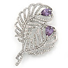 Clear Crystal, Amethyst Cz Double Feather Brooch In Rhodium Plating - 60mm L