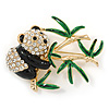 Black/ Green Enamel, Clear Crystal Panda Bear Brooch In Gold Plating - 50mm L