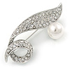 Pave Set Clear Crystal, White Glass Pearl Leaf Brooch In Rhodium Plating - 60mm L