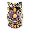Vintage Inspired Multicoloured Acrylic Bead Owl Brooch In Burnt Gold Tone - 48mm