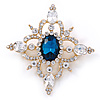 Teal Blue/ Clear Austrian Crystal Diamond Shape Corsage Brooch In Gold Plating - 50mm L