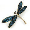 Gold Tone Teal Blue Snake Style Faux Leather Dragonfly Brooch - 70mm W