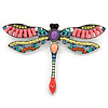 Multicoloured Acrylic Bead Dragonfly Brooch with Dangling Tail In Silver Tone - 85mm
