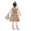 Brown/ Beige Doll Brooch In Silver Tone Metal - 95mm L