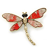 Vintage Inspired Metallic Silver/ Red Glitter Foil Dragonfly Brooch In Gold Tone - 65mm
