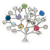Multicoloured Crystal 'Tree Of Life' Brooch In Rhodium Plating - 50mm