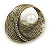 Vintage Inspired Textured, Crystal 'Shell' with Pearl Brooch In Antique Gold Metal - 45mm L