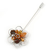 Handmade Semiprecious Stone Floral Lapel, Hat, Suit, Tuxedo, Collar, Scarf, Coat Stick Brooch Pin In Silver Tone Metal - 90mm L