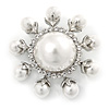 Rhodium Plated White Glass Pearl, Crystal Sunflower Brooch - 45mm Across