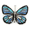 Black/ Sky Blue/ Violet Blue/ Milky White Austrian Crystal Butterfly Brooch In Silver Tone - 50mm W