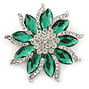 Green/ Clear Crystal Flower Corsage Brooch In Silver Tone - 55mm D
