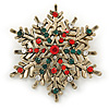 Vintage Inspired Red/ Green/ Clear Crystal Christmas Snowflake Brooch In Antique Gold Tone Metal - 40mm D