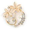 Neutral Cat Eye Stone, Crystal Floral Brooch In Gold Tone Metal - 35mm Across