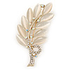 Neutral Cat Eye Stone, Crystal Leaf Brooch In Gold Tone Metal - 65mm L