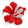 Red Enamel, Clear Crystal Poppy Brooch In Silver Tone Metal - 45mm D