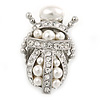 Clear Crystal/ Simulated Pearl Egyptian 'Scarab' Beetle Brooch In Rhodium Plating - 45mm L