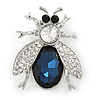 Clear/ Blue Crystal Fly Brooch In Rhodium Plated Metal - 35mm L