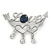 Clear Crystal, Blue CZ 'Love' Brooch In Rhodium Plated Metal - 50mm Across