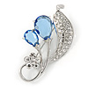Rhodium Plated Light Blue CZ, Clear Crystal Floral Brooch - 50mm Across