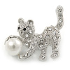 Small Crystal Kitten with Ball Brooch In Silver Tone Metal - 30mm Across