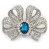 Large Clear Crystal, Teal CZ 'Bow' Brooch In Rhodium Plating - 70mm Across