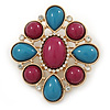 Plum/ Turquoise Acrylic Stone, Clear Crystal Corsage Brooch In Gold Plating - 55mm Across